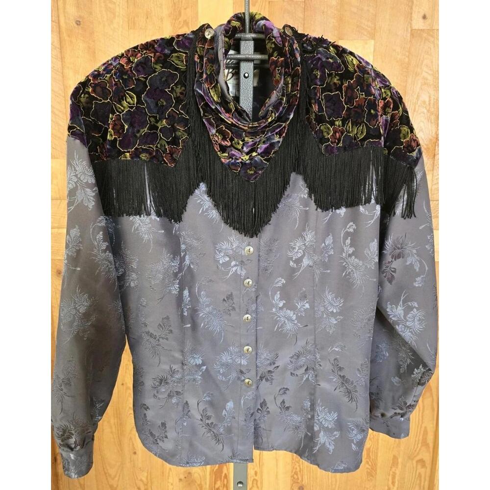 Pamela Brandt Vintage Fringed Western Long Sleeve Blouse with Scarf USA Size XL